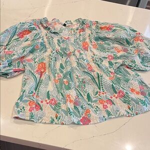 Boho Floral Puff-Sleeve Blouse - Green & Coral